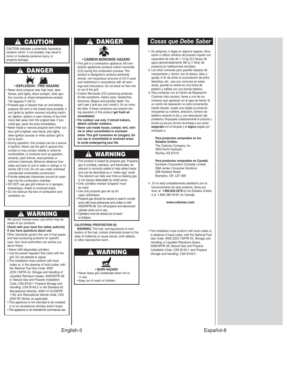 Cosas que debe saber danger, Warning, Caution | Danger, Español-8, English-3 | Coleman 9924 User Manual | Page 4 / 14