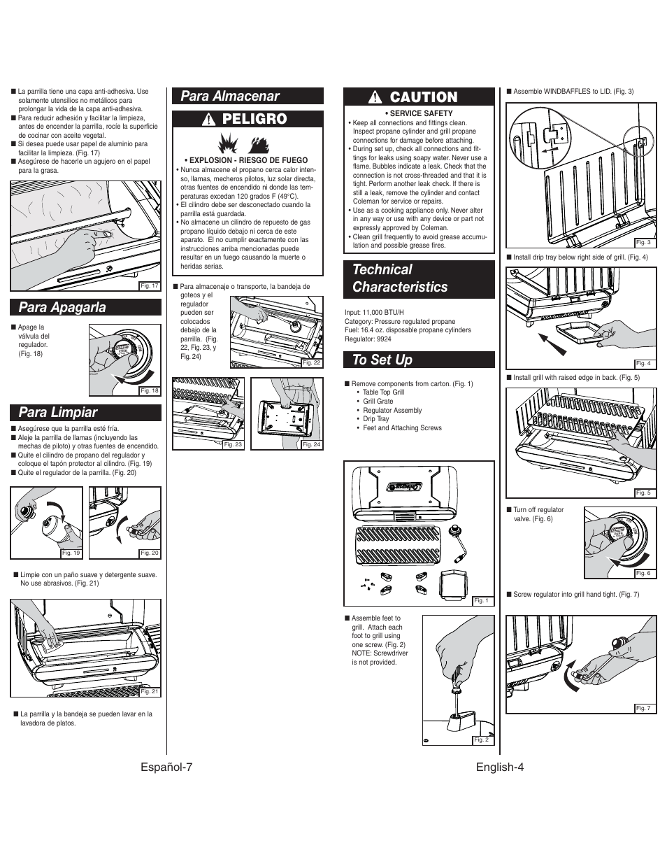 Para apagarla para limpiar, Peligro, Para almacenar | Caution, Technical characteristics, Español-7, English-4 | Coleman 9924 User Manual | Page 5 / 14