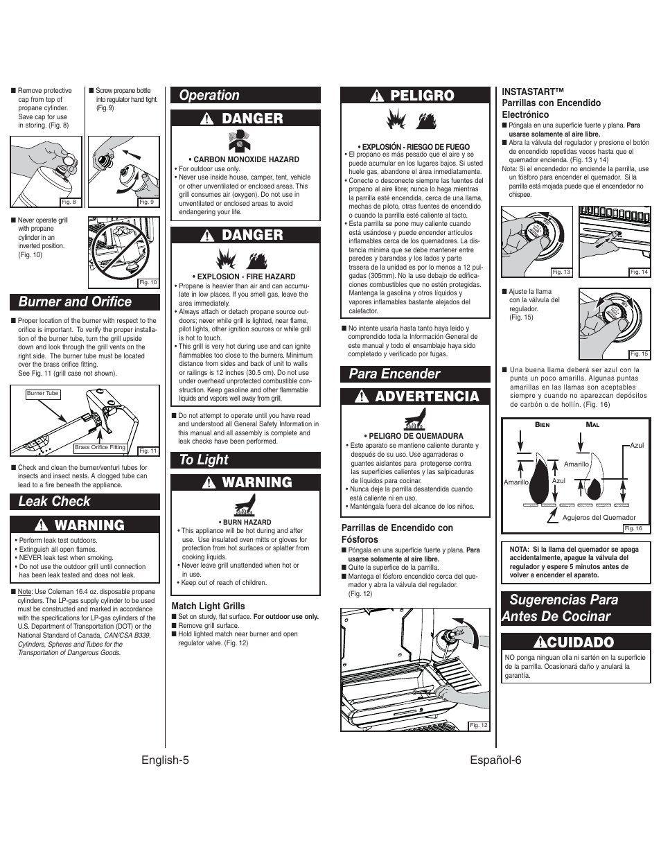 Peligro, Para encender, Advertencia | Sugerencias para antes de cocinar cuidado, Danger, Operation danger, Warning, Burner and orifice, Leak check, Español-6 | Coleman 9924 User Manual | Page 6 / 14
