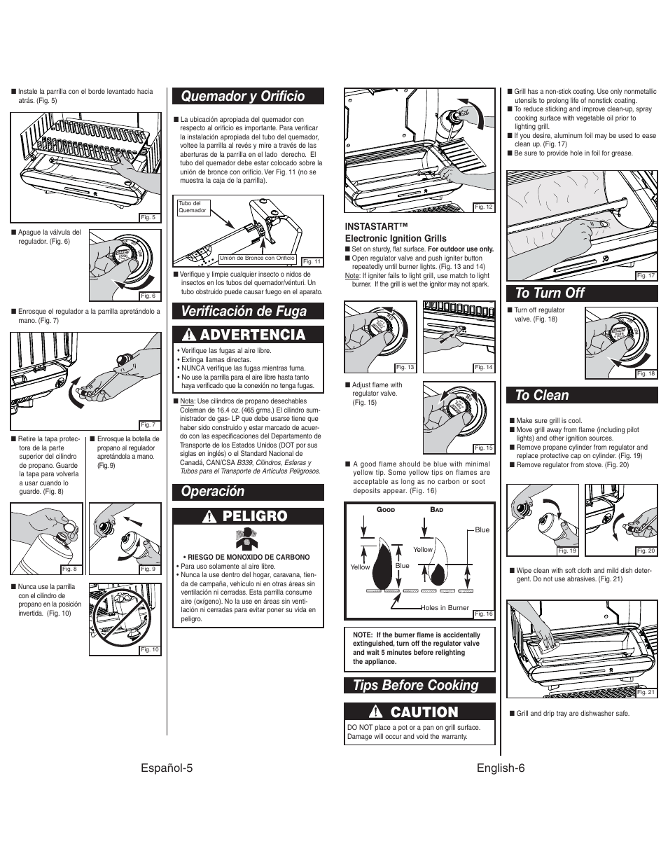 Quemador y orificio, Verificación de fuga advertencia, Operación peligro | Tips before cooking caution, Español-5, English-6, Instastart™ electronic ignition grills | Coleman 9924 User Manual | Page 7 / 14