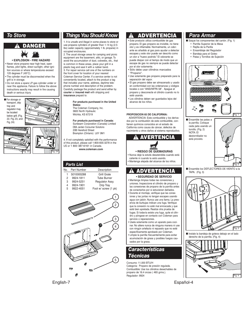 Avertencia, Advertencia, Características técnicas para armar | Things you should know, Español-4, English-7, Parts list | Coleman 9924 User Manual | Page 8 / 14