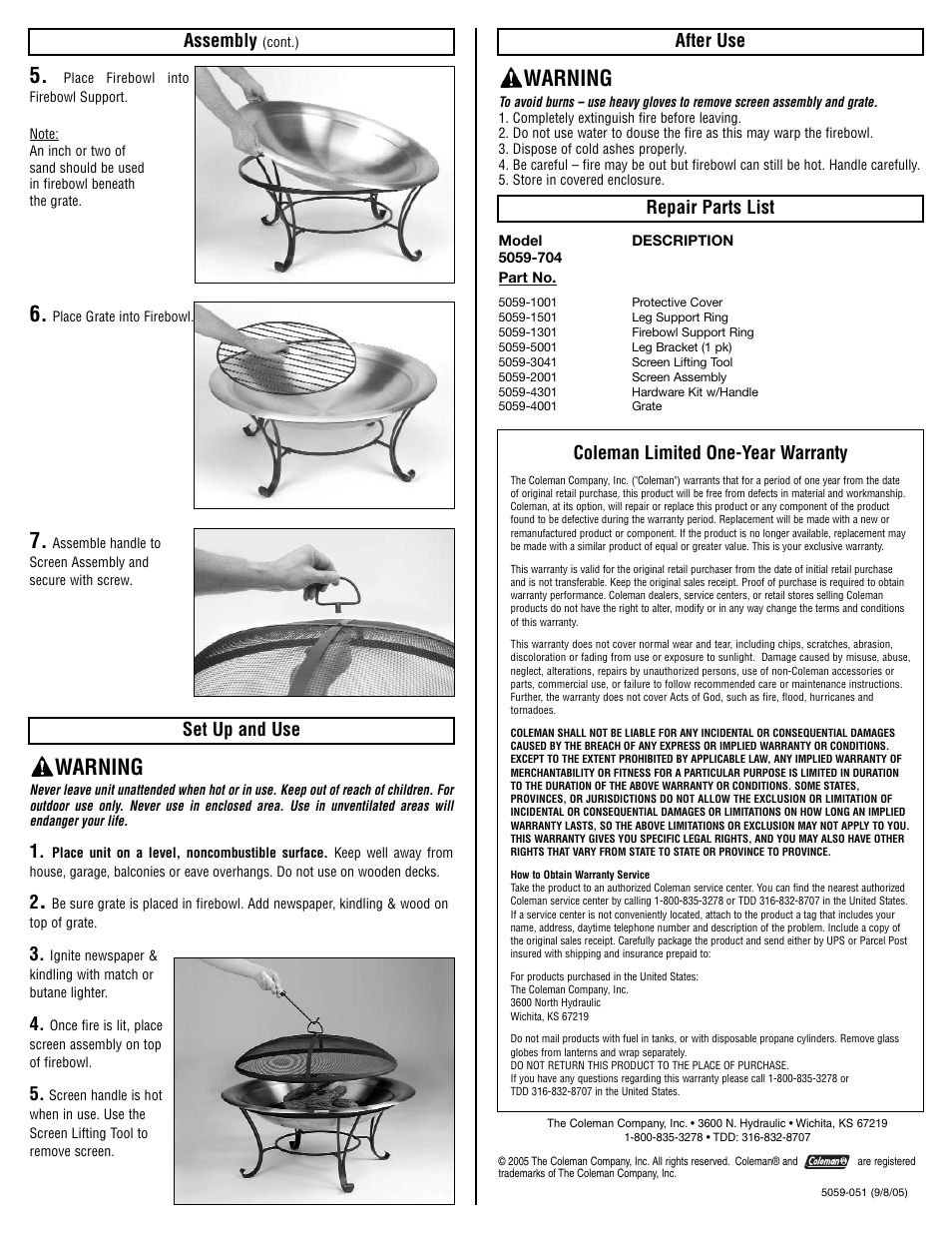 Warning, Assembly, Set up and use | After use, Repair parts list, Coleman limited one-year warranty | Coleman 5059-704 User Manual | Page 2 / 2