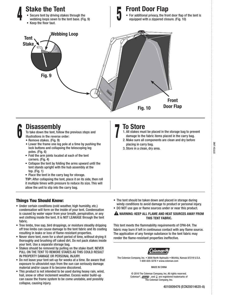 Disassembly, Stake the tent, Front door flap | Coleman 2000007823 User Manual | Page 2 / 2