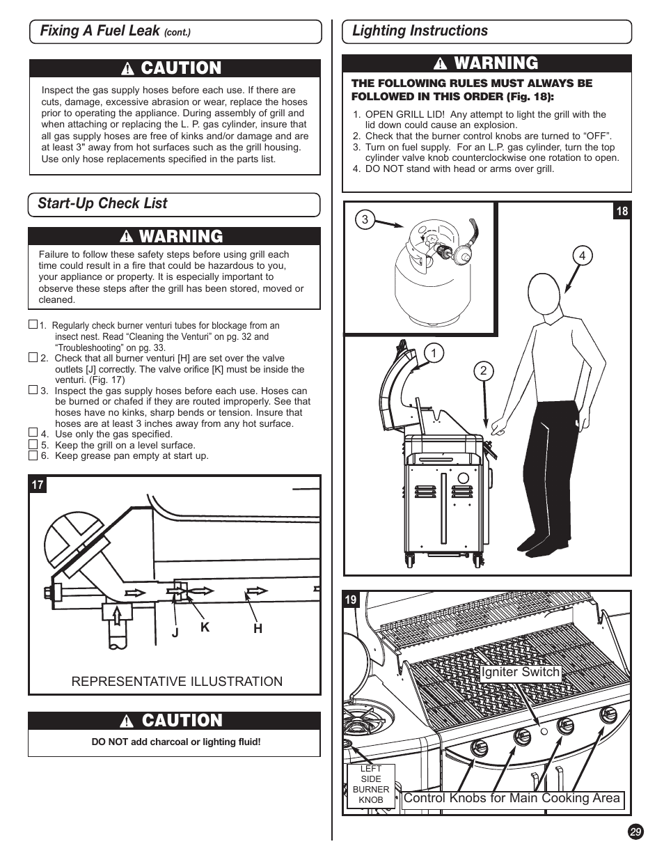 Caution, Warning, Fixing a fuel leak | Start-up check list, Lighting instructions | Coleman 5310 User Manual | Page 29 / 40