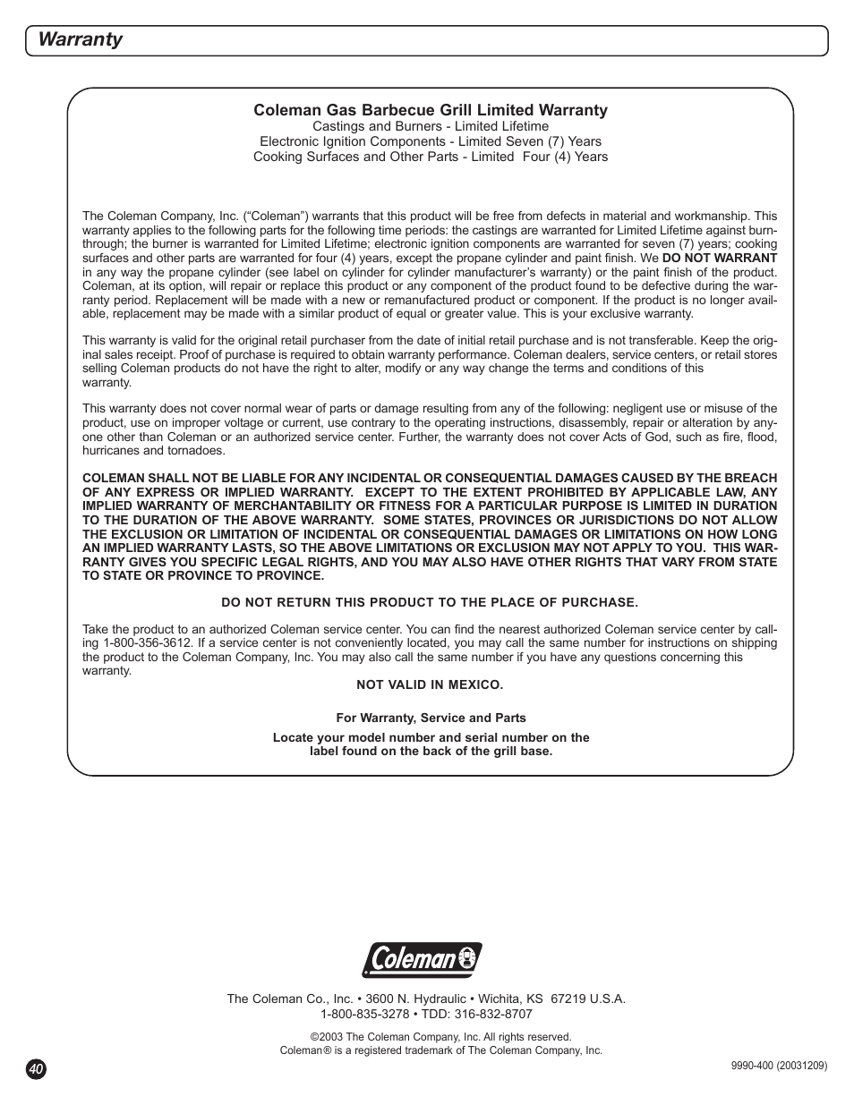Warranty | Coleman 5310 User Manual | Page 40 / 40