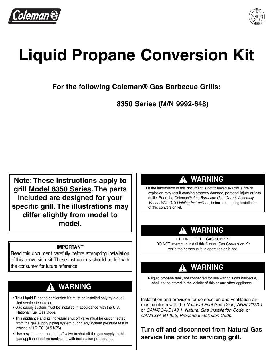 Coleman 9992-449 User Manual | 12 pages