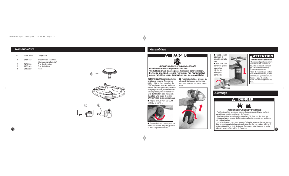 Danger, Attention, Assemblage | Nomenclature, Allumage | Coleman 5412 Series User Manual | Page 15 / 16