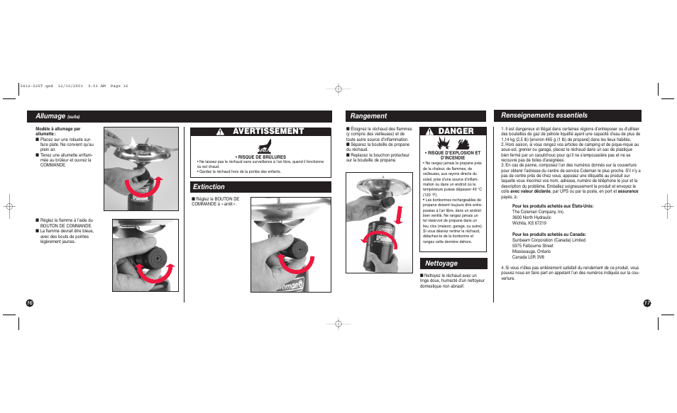 Danger, Avertissement, Allumage | Rangement renseignements essentiels, Extinction, Nettoyage | Coleman 5412 Series User Manual | Page 16 / 16