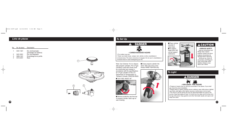 Danger, Caution, Lista de piezas | Coleman 5412 Series User Manual | Page 5 / 16