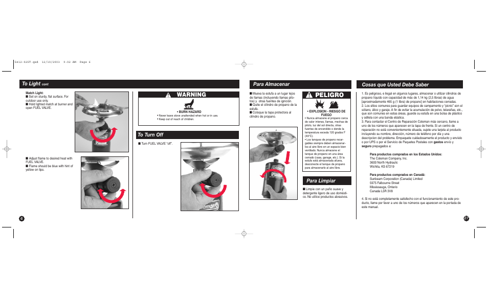 Peligro, Warning, Para almacenar cosas que usted debe saber | Para limpiar | Coleman 5412 Series User Manual | Page 6 / 16