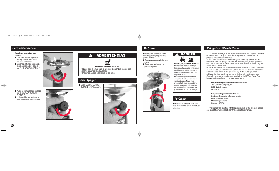 Advertencias, Danger, Para encender | Para apagar | Coleman 5412 Series User Manual | Page 7 / 16