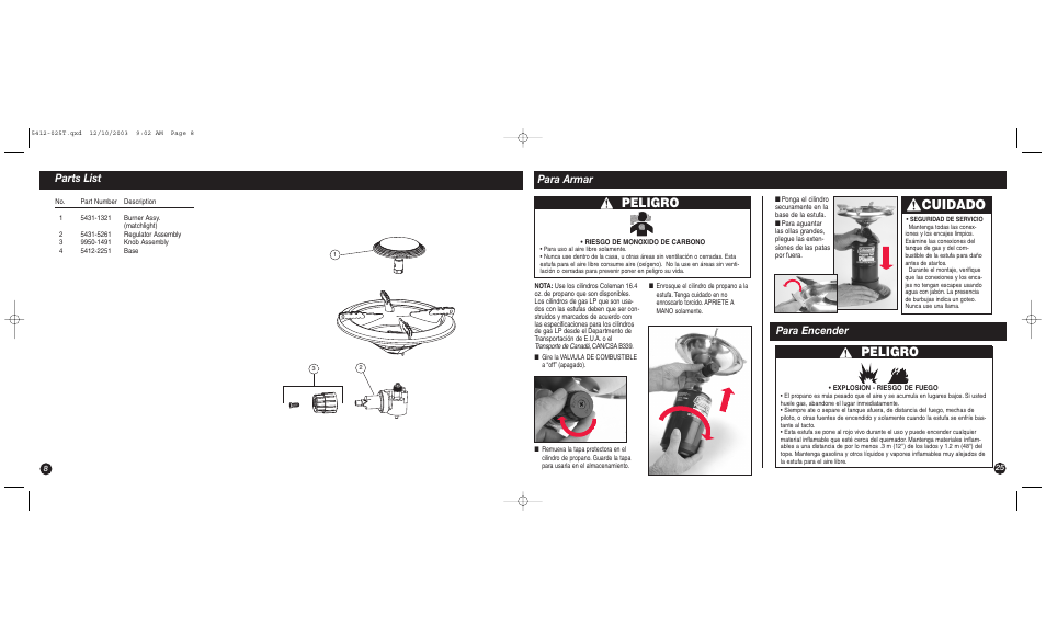 Cuidado, Peligro, Parts list | Para armar para encender | Coleman 5412 Series User Manual | Page 8 / 16