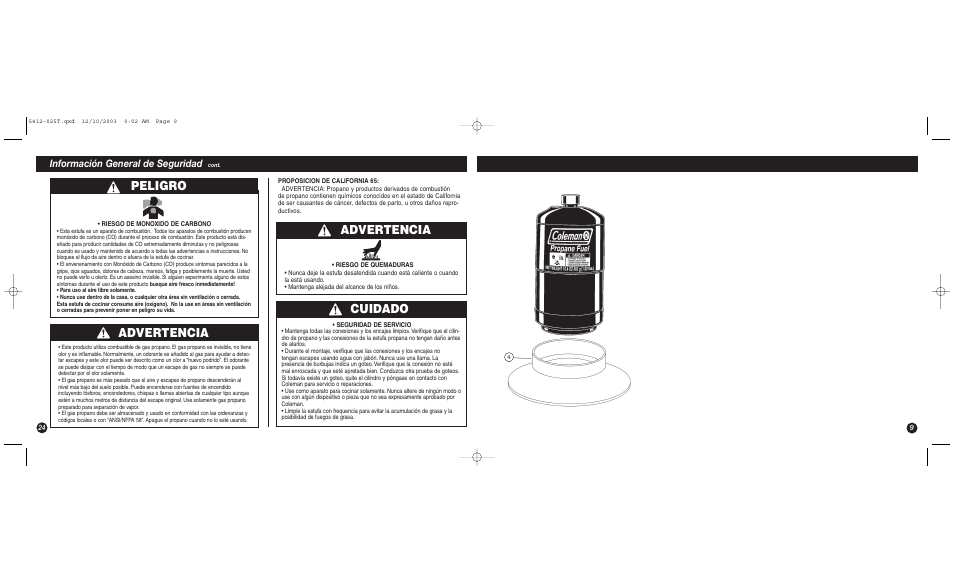 Advertencia cuidado, Advertencia, Peligro | Información general de seguridad | Coleman 5412 Series User Manual | Page 9 / 16