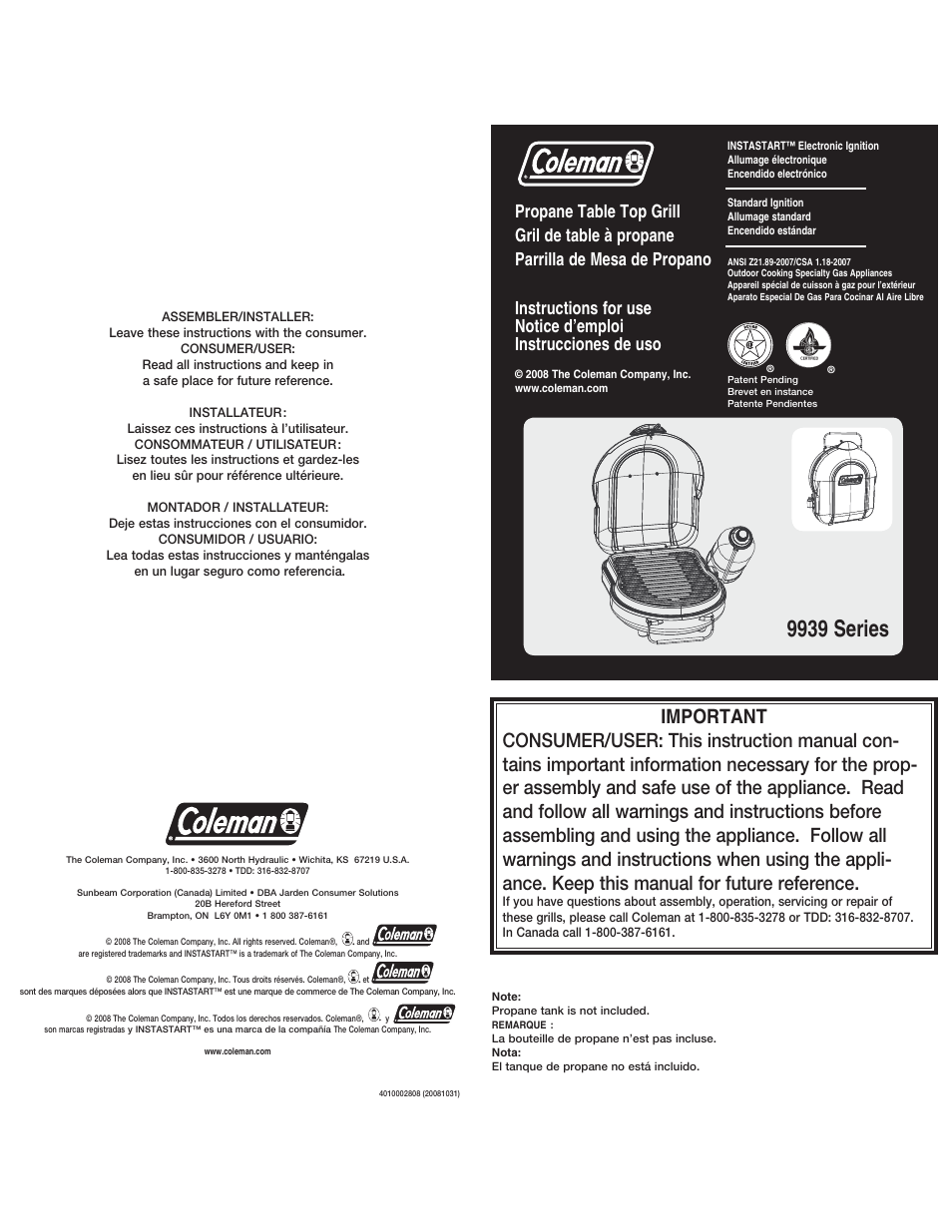 Coleman 9939 User Manual | 14 pages