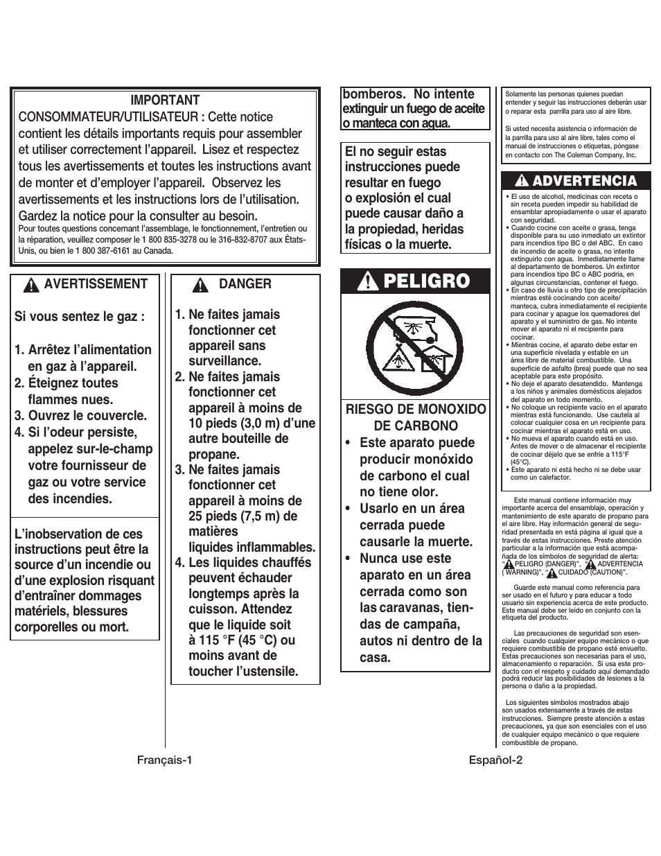 Peligro, Advertencia | Coleman 9939 User Manual | Page 10 / 14