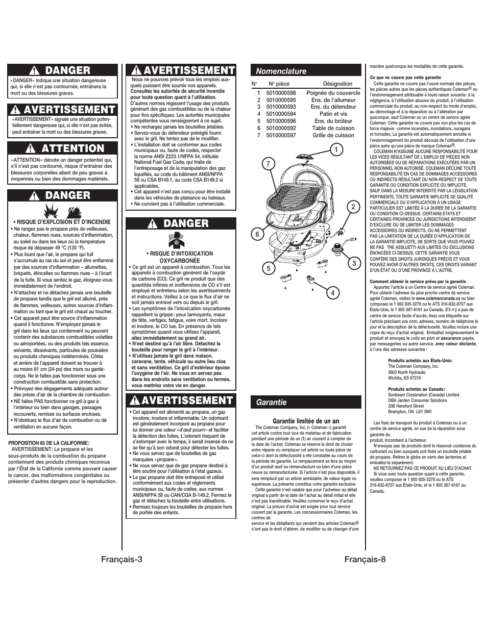 Danger, Avertissement, Attention | Français-3, Français-8 garantie, Nomenclature | Coleman 9939 User Manual | Page 12 / 14