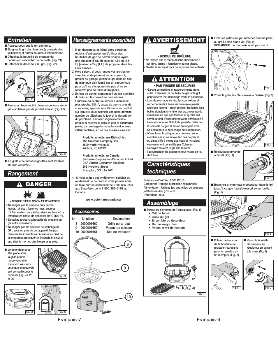 Rangement danger, Renseignements essentiels entretien, Avertissement | Attention, Caractéristiques techniques, Assemblage, Français-7, Accessoires, Français-4 | Coleman 9939 User Manual | Page 13 / 14