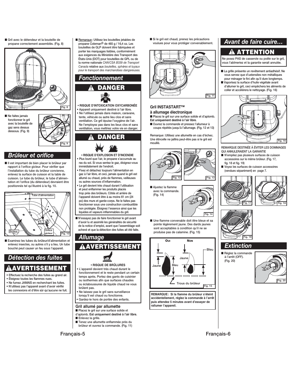 Brûleur et orifice, Avertissement, Détection des fuites danger | Fonctionnement, Danger, Allumage avertissement, Avant de faire cuire… attention, Extinction, Français-5, Français-6 | Coleman 9939 User Manual | Page 14 / 14