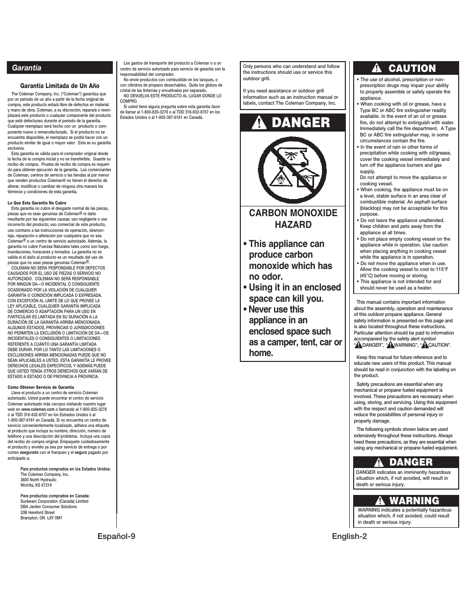 Caution, Warning, Danger | Coleman 9939 User Manual | Page 3 / 14