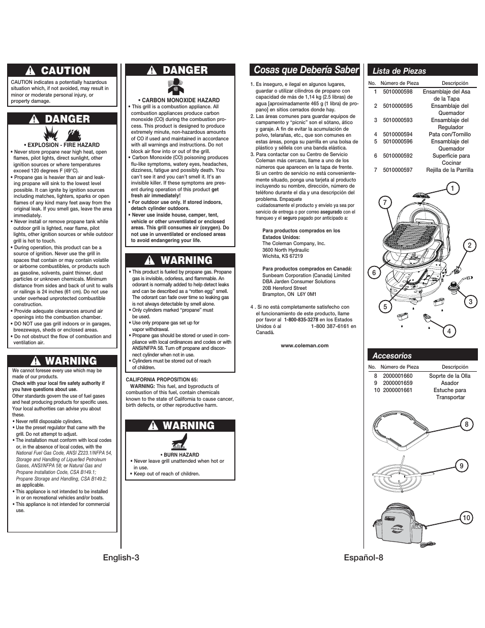 Danger, Warning, Caution | Cosas que debería saber, English-3, Español-8, Lista de piezas accesorios | Coleman 9939 User Manual | Page 4 / 14