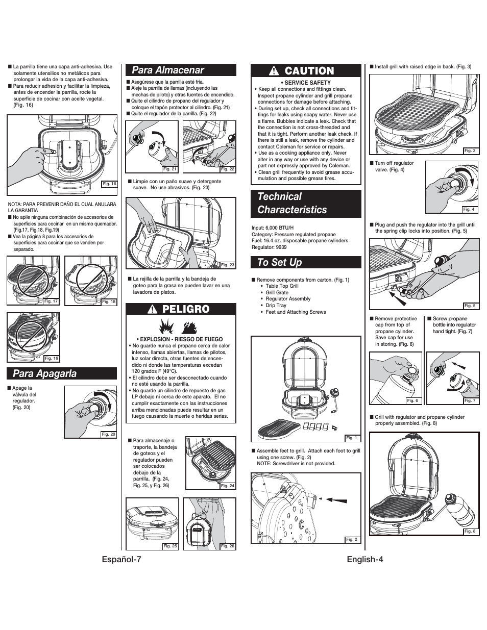 Para almacenar, Para apagarla, Peligro | Caution, Technical characteristics, Español-7, English-4 | Coleman 9939 User Manual | Page 5 / 14