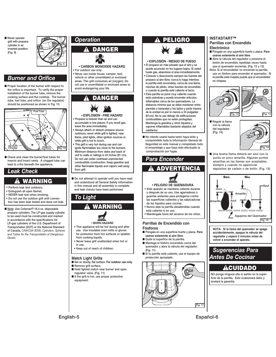 Danger, Operation danger, Warning | Leak check, Burner and orifice, Peligro, Para encender, Advertencia, Sugerencias para antes de cocinar cuidado, English-5 | Coleman 9939 User Manual | Page 6 / 14