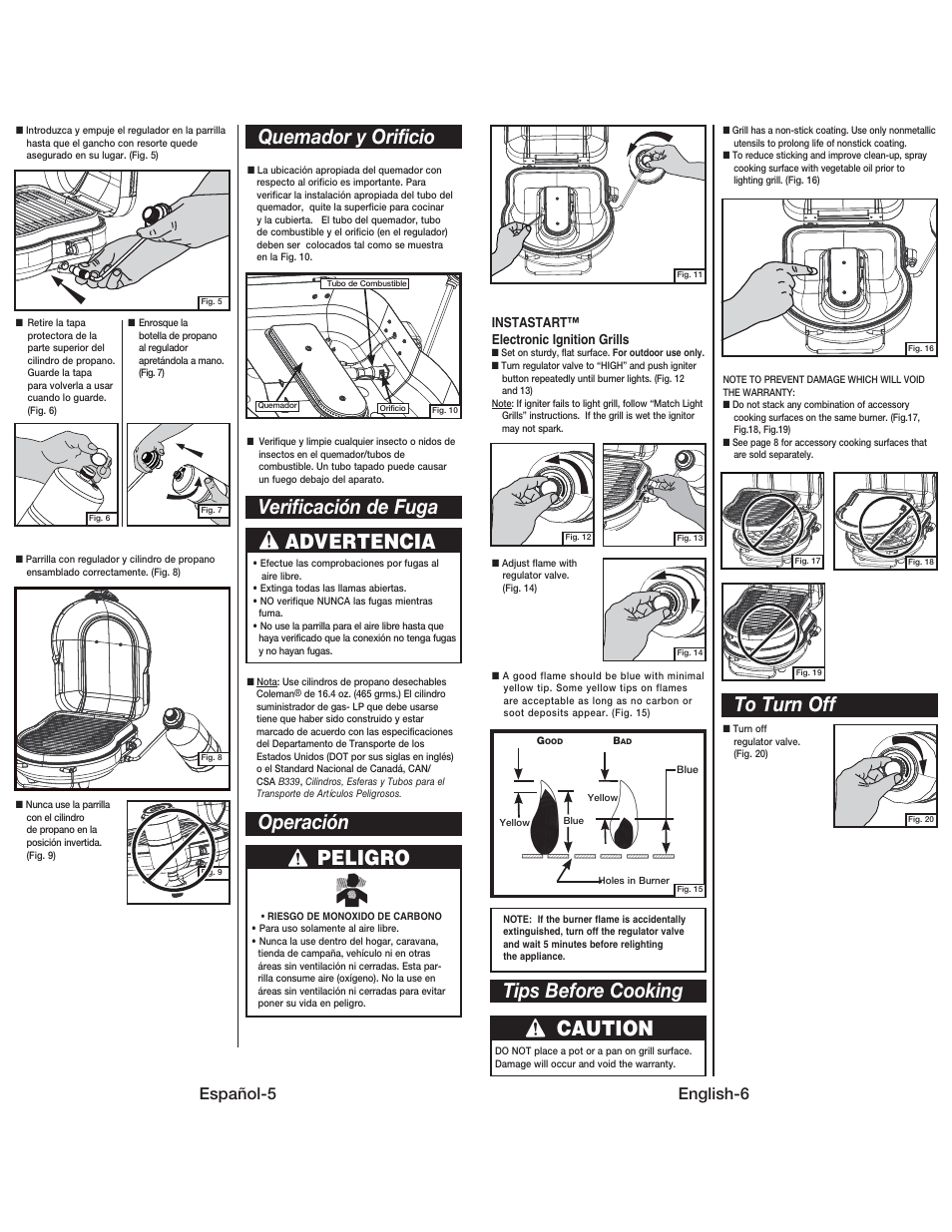 Quemador y orificio, Advertencia, Operación peligro | Verificación de fuga, Tips before cooking caution, Español-5, English-6 | Coleman 9939 User Manual | Page 7 / 14