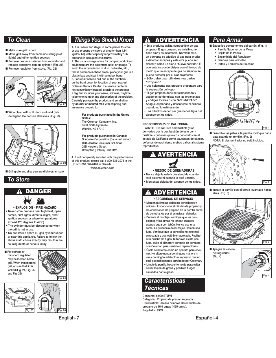 Things you should know, Avertencia, Advertencia | Características técnicas para armar, English-7, Español-4 | Coleman 9939 User Manual | Page 8 / 14