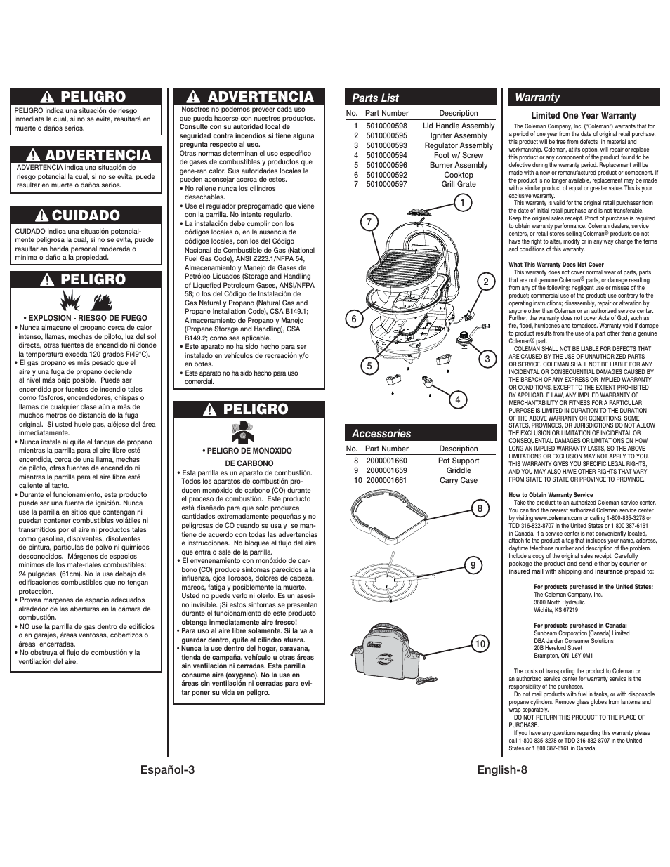 Peligro, Cuidado, Advertencia | Español-3, English-8 warranty, Parts list accessories | Coleman 9939 User Manual | Page 9 / 14