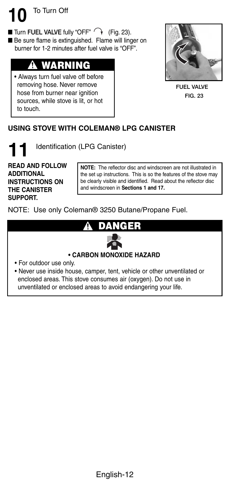 Danger, Warning | Coleman Denali 9790 User Manual | Page 13 / 28