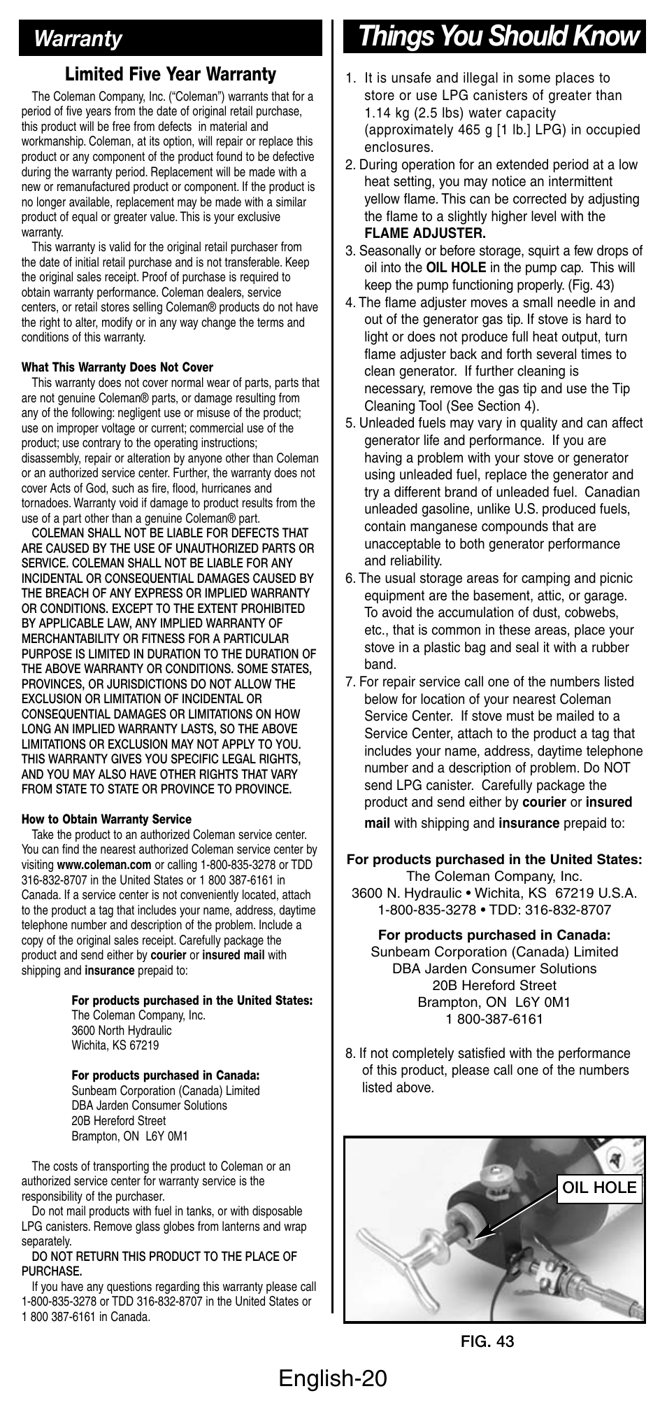 Things you should know, English-20, Warranty | Limited five year warranty | Coleman Denali 9790 User Manual | Page 21 / 28