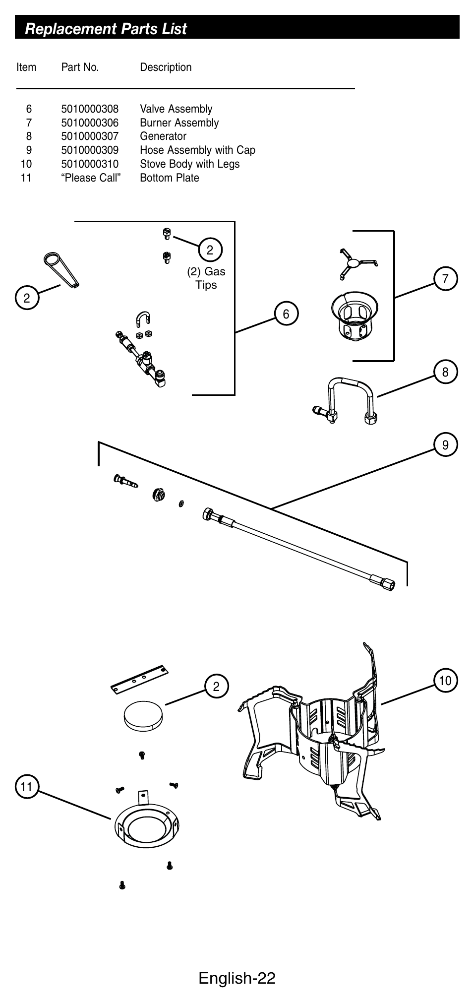 English-22, Replacement parts list | Coleman Denali 9790 User Manual | Page 23 / 28