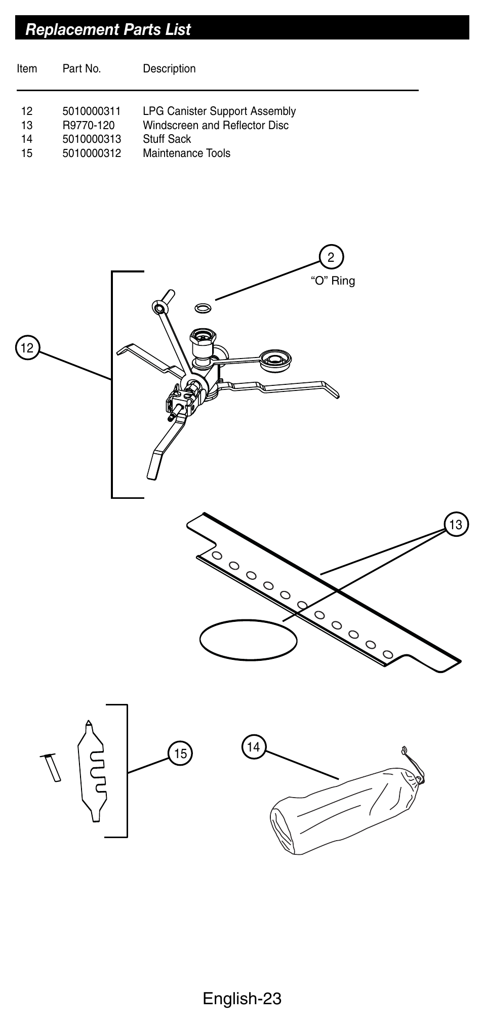 English-23, Replacement parts list | Coleman Denali 9790 User Manual | Page 24 / 28