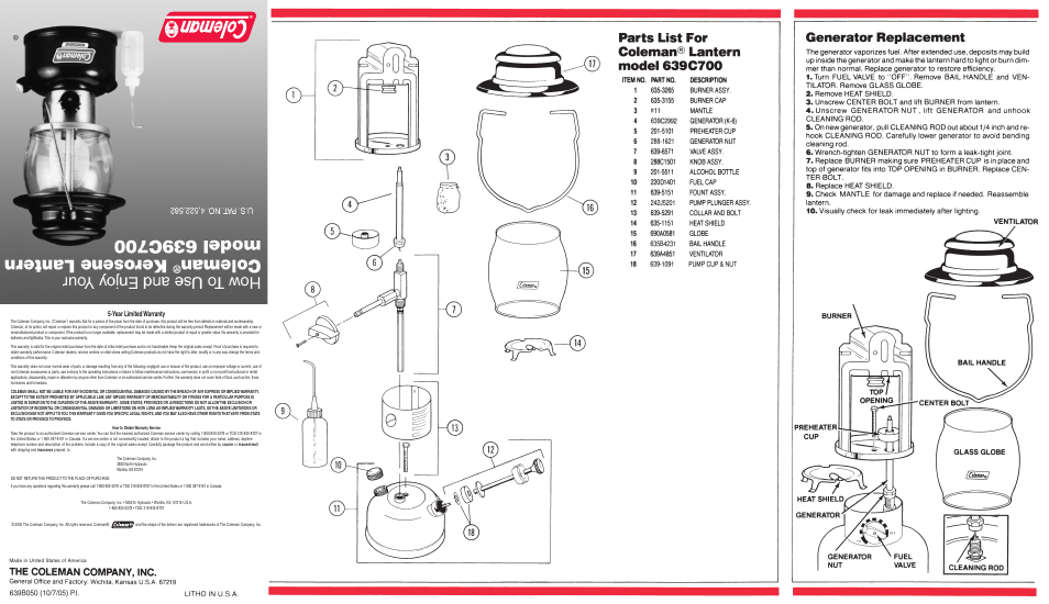 Coleman 639C700 User Manual | 2 pages