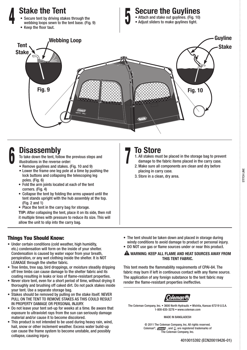 Disassembly, Secure the guylines, Stake the tent | Coleman STITCHLINE 2000010194 User Manual | Page 2 / 2