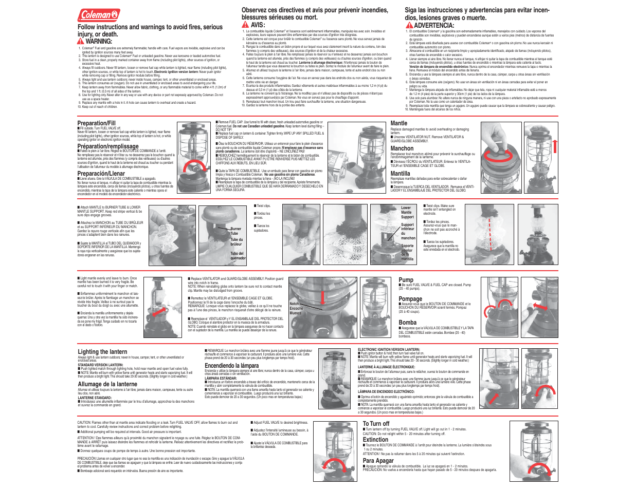 Preparation/fill, Préparation/remplissage, Preparación/llenar | Mantle, Manchon, Mantilla, Pump, Pompage, Bomba, Extinction | Coleman ELECTRONICIGNITION LAMP 2000-051T User Manual | Page 2 / 2