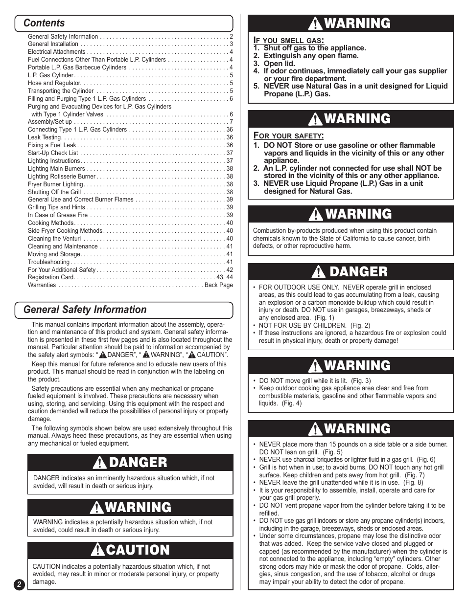 Danger, Warning, Caution | Contents general safety information | Coleman 7700 LP Gas Series User Manual | Page 2 / 48