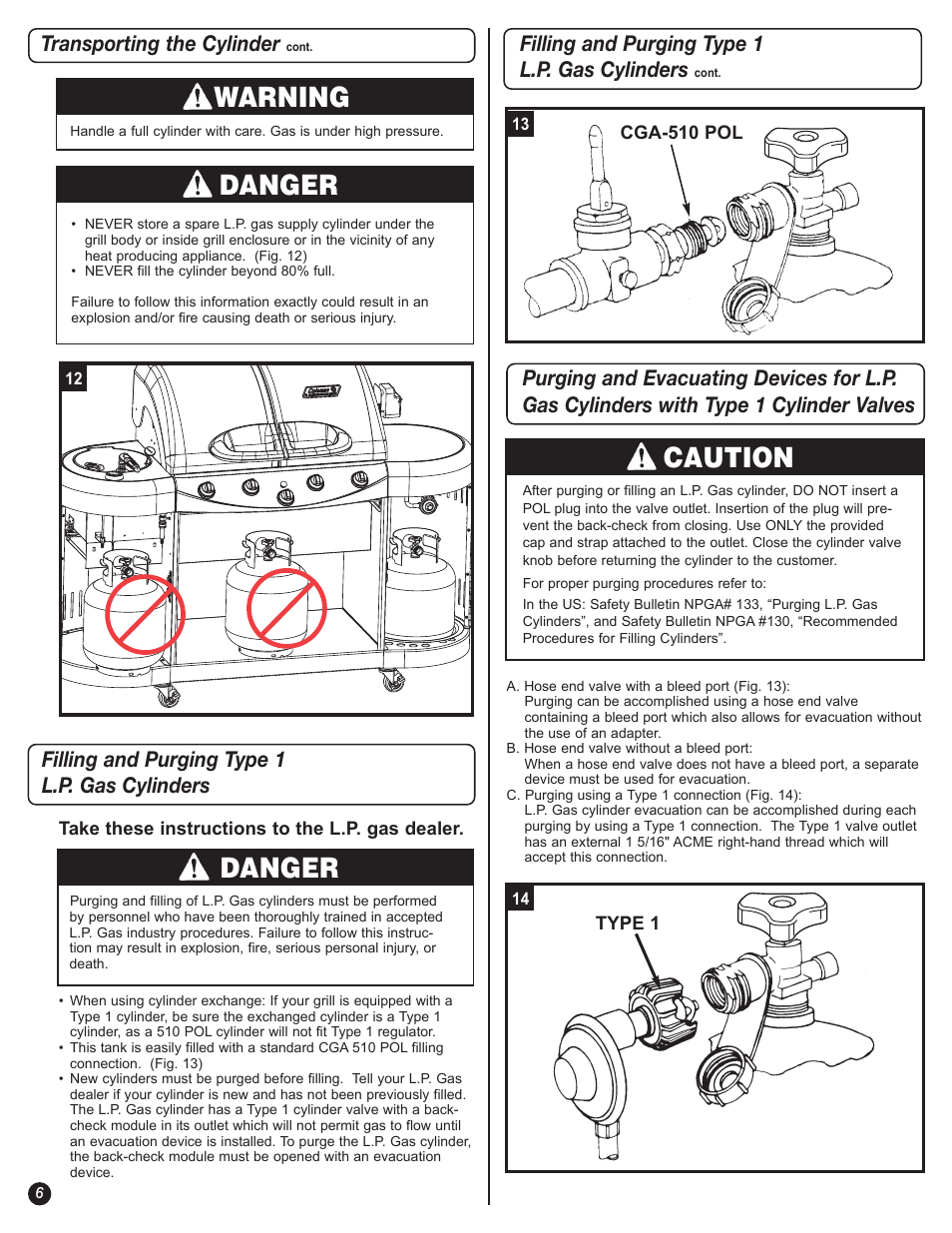 Warning, Danger, Caution | Transporting the cylinder | Coleman 7700 LP Gas Series User Manual | Page 6 / 48
