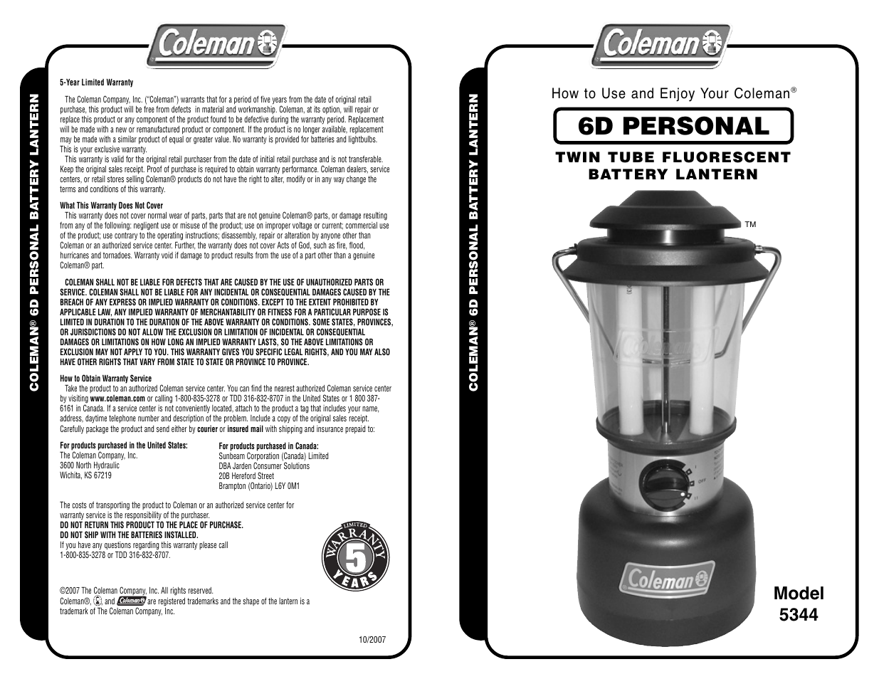 Coleman 6D PERSONAL 5344 User Manual | 2 pages