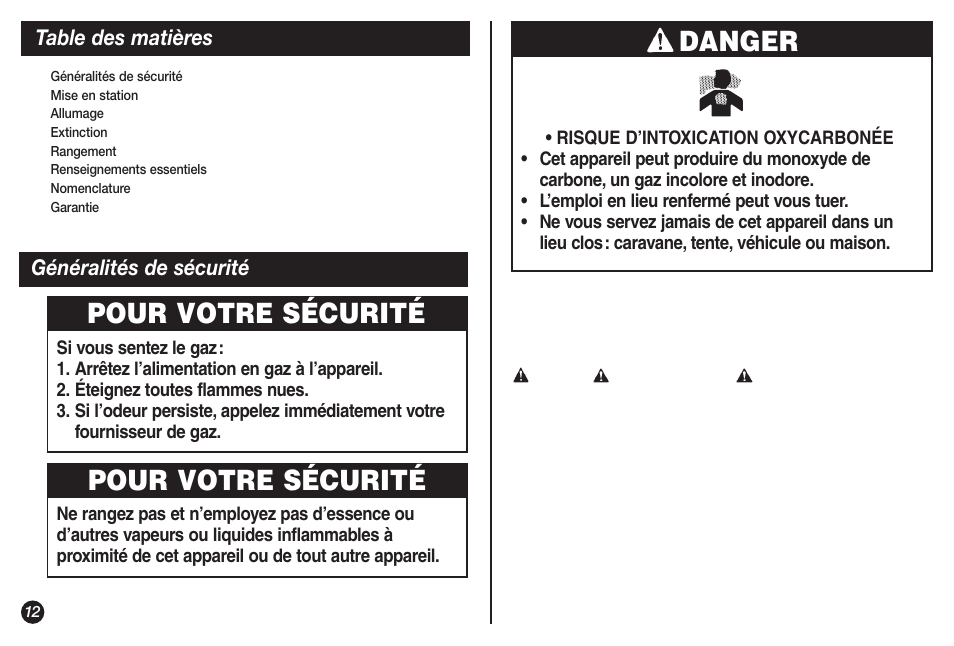 Danger, Pour votre sécurité | Coleman 5132A User Manual | Page 12 / 32