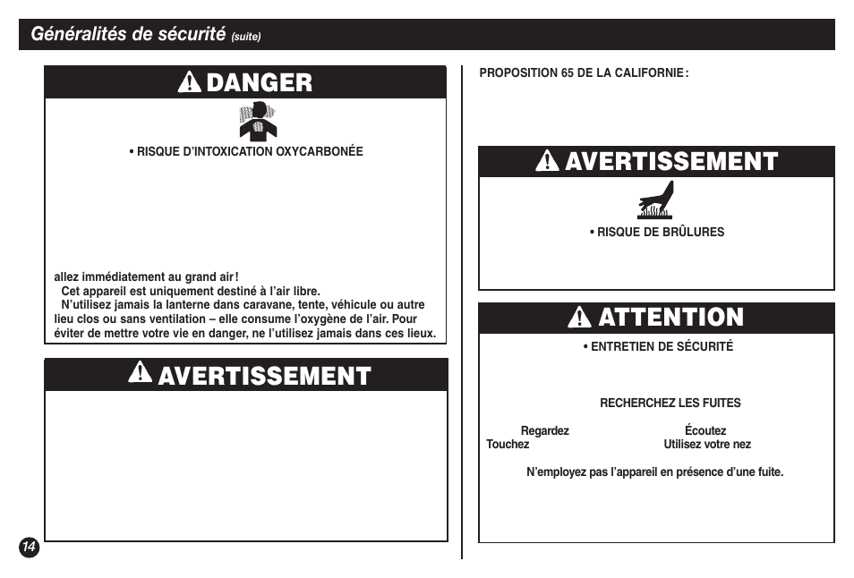 Avertissement, Attention avertissement, Danger | Généralités de sécurité | Coleman 5132A User Manual | Page 14 / 32