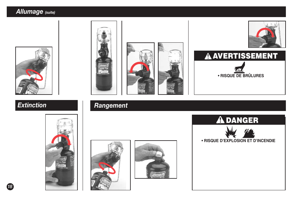 Danger, Avertissement, Rangement | Allumage, Extinction | Coleman 5132A User Manual | Page 18 / 32