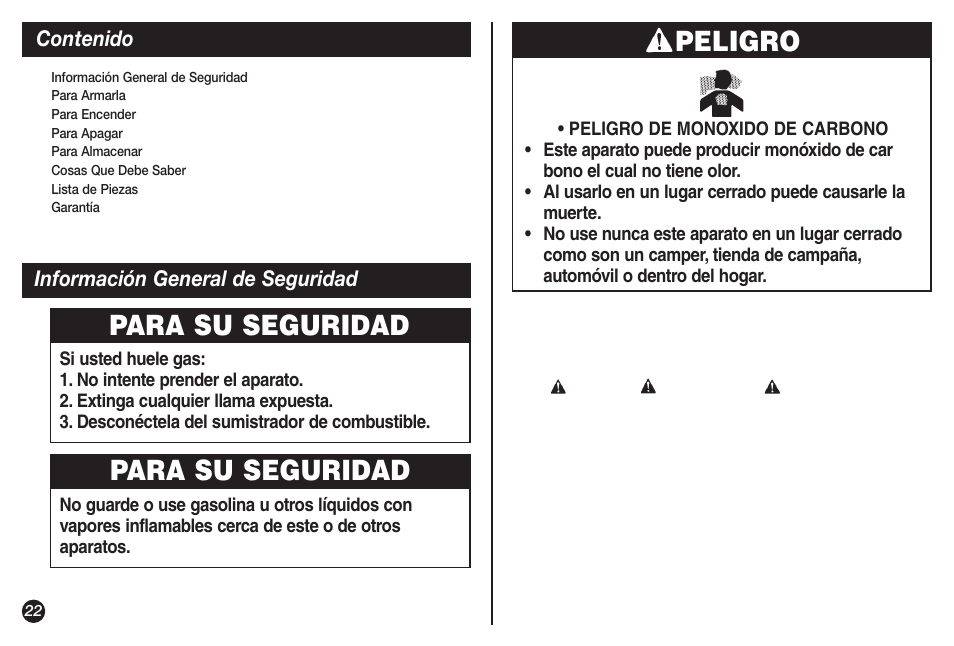 Peligro, Para su seguridad | Coleman 5132A User Manual | Page 22 / 32