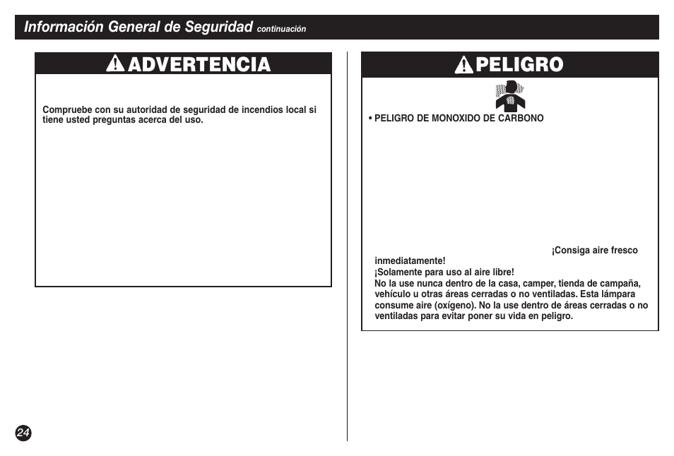 Advertencia, Peligro, Información general de seguridad | Coleman 5132A User Manual | Page 24 / 32