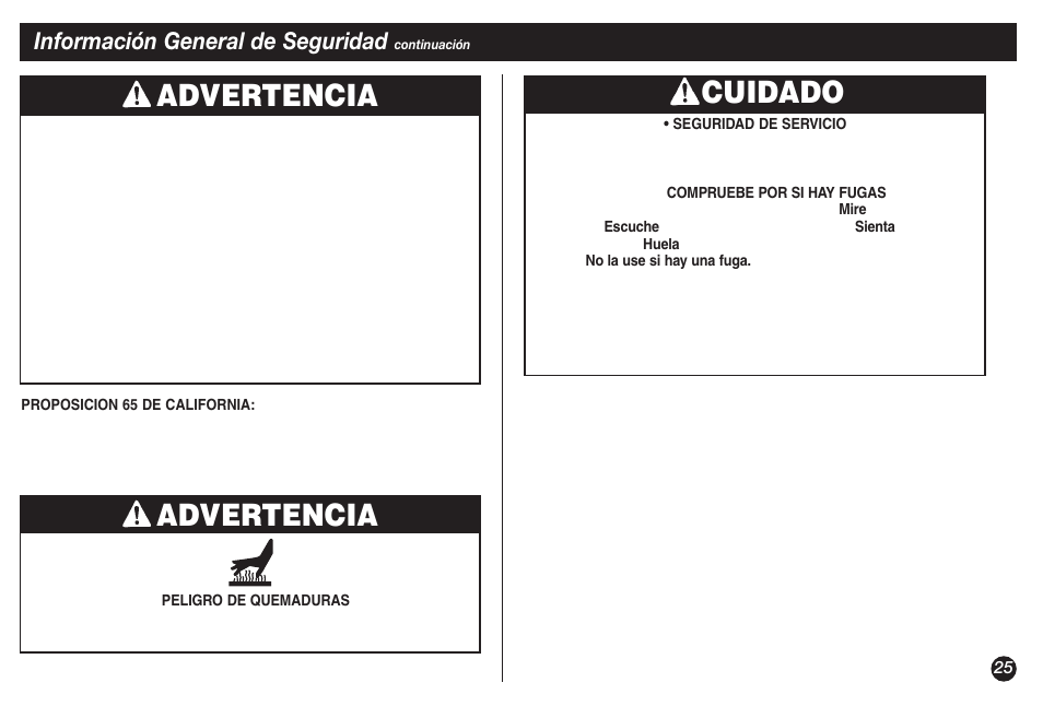 Advertencia, Cuidado advertencia, Información general de seguridad | Coleman 5132A User Manual | Page 25 / 32