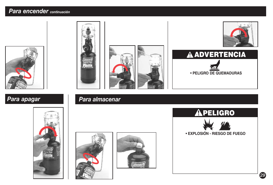 Peligro, Advertencia, Para encender | Para almacenar, Para apagar | Coleman 5132A User Manual | Page 29 / 32