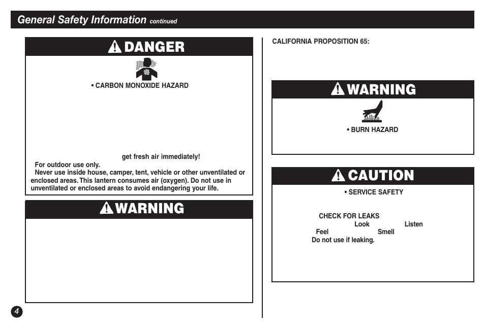 Warning, Caution warning, Danger | General safety information | Coleman 5132A User Manual | Page 4 / 32