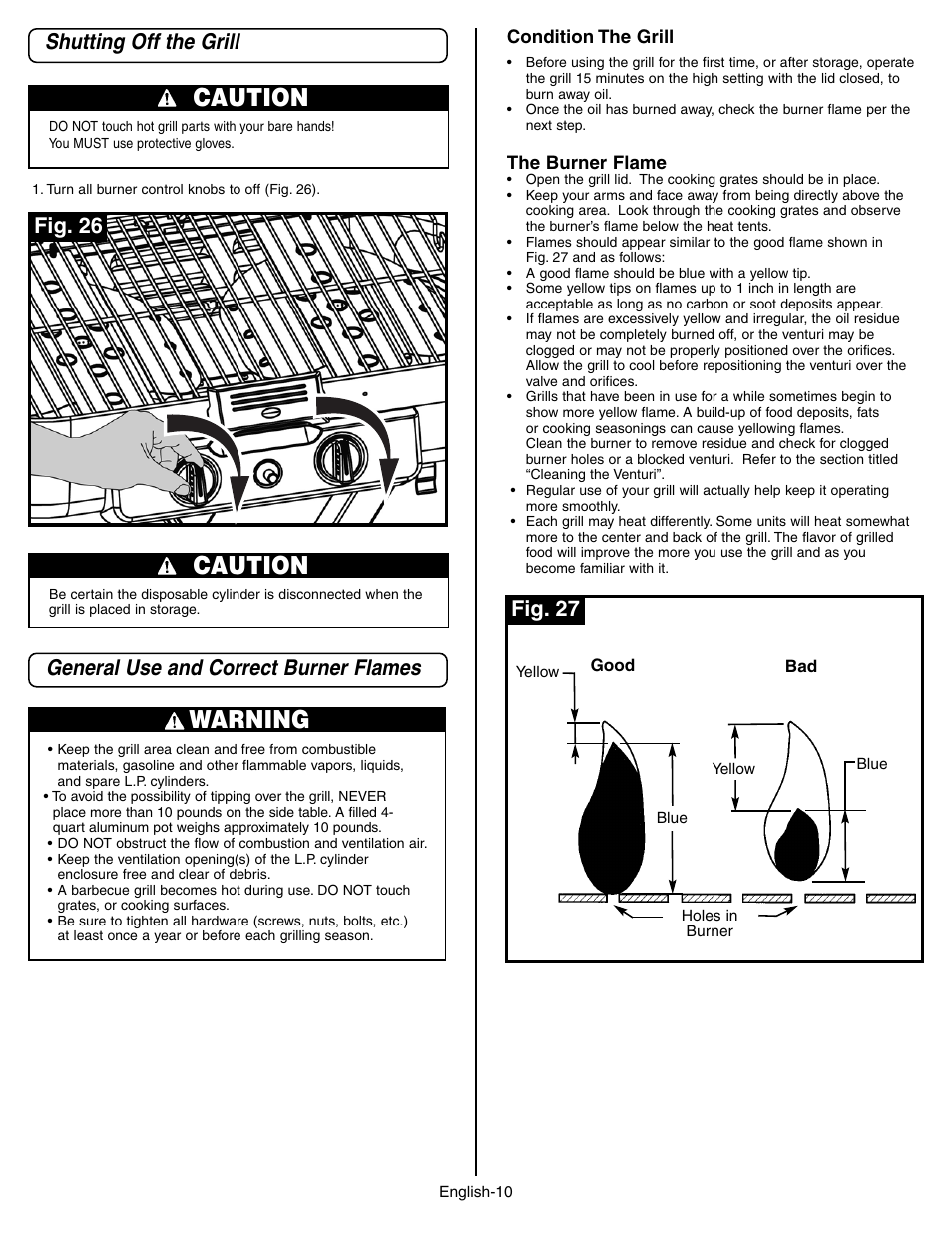 Caution, Warning, Shutting off the grill | General use and correct burner flames, Fig. 27 fig. 26 | Coleman 9928 Series User Manual | Page 10 / 52