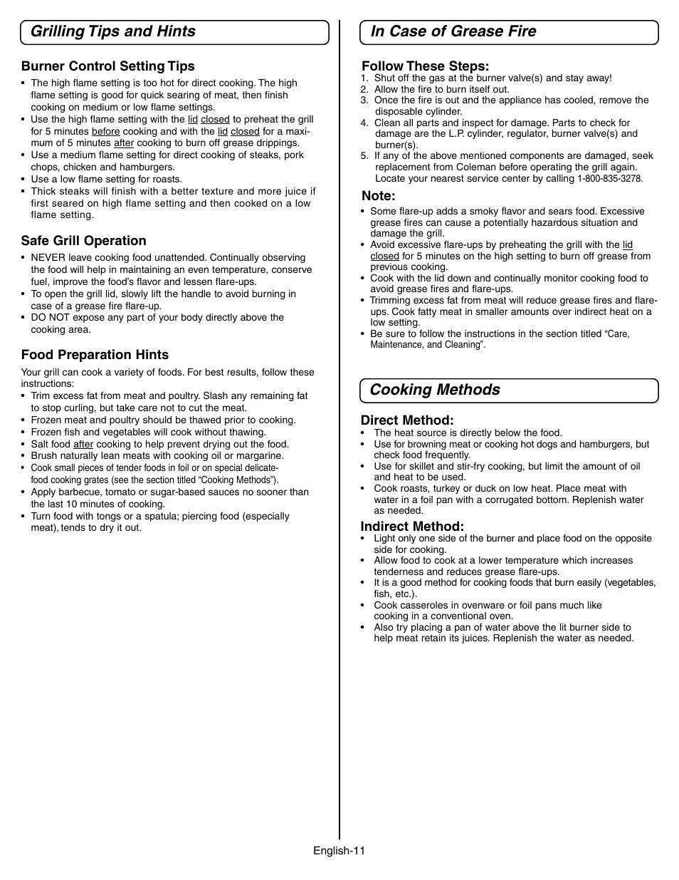 Grilling tips and hints, Cooking methods in case of grease fire | Coleman 9928 Series User Manual | Page 11 / 52