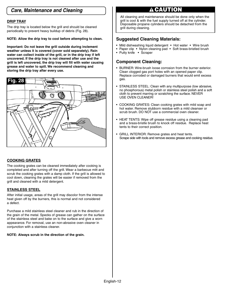 Caution, Care, maintenance and cleaning, Fig. 28 | Coleman 9928 Series User Manual | Page 12 / 52
